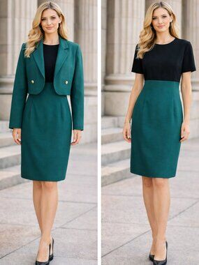 VTG Talbots Petites 8 Wool Green Black Womens Dress Jacket Set VTG Career USA